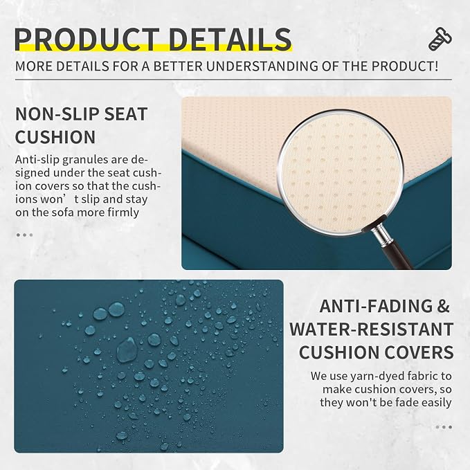 Lviden Outdoor Couch 3-seat Patio Sofa Outdoor Furniture Deep Seat High Backrest Patio Couch with Non-Slip Cushions and Waterproof Cover, Peacock Blue