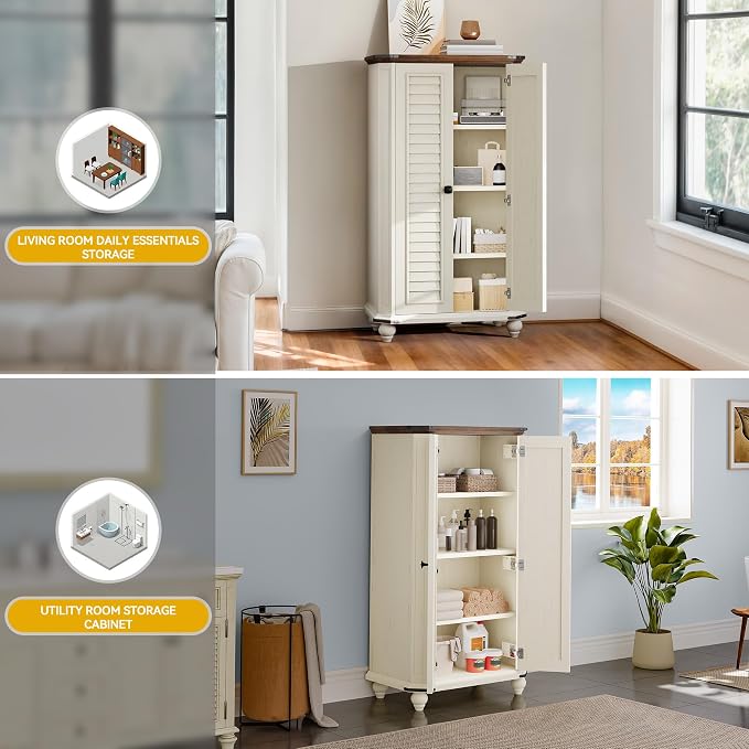 DWVO 45.2" Farmhouse Kitchen Pantry Cabinet wth 2 Shutters-Doors, White | 4-Tier Storage Cabinet, Adjustable Shelves, Wooden Tool Cabinet for Dining Room, Bathroom, Living Room, Laundry Room, Office