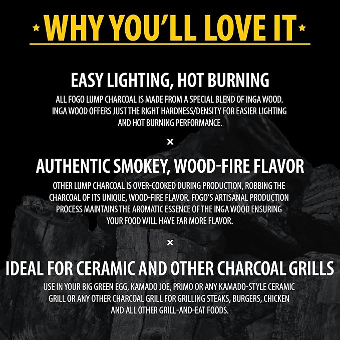 FOGO Premium Hardwood Lump Charcoal, Natural Medium Sized Lump Charcoal 17.6 Pound Bag, and Barrel Proof Bourbon Barrel Blocks, 2 Pound Resealable Bag, Bundle