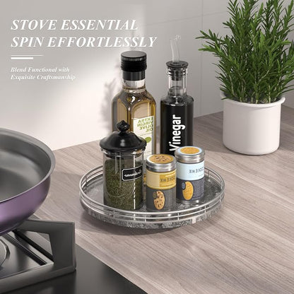 AHM10-Inch Gray Marble Lazy Susan with Silver Iron Frame | Smooth rotating oak tray with walnut finish for dining tables, kitchen counters, pantries and cabinet storage.