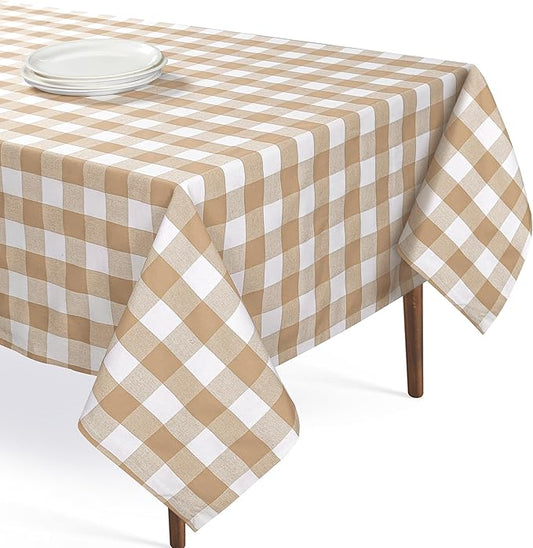 Beige and White Buffalo Check Tablecloth, 52x70 Inches, Plaid Table Cover, 100% Cotton, Washable, Reusable Farmhouse Table Linen for Holiday, Thanksgiving, Weddings, Everyday Dining