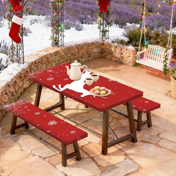 Christmas Picnic Pable Cover with Table Cover, Elastic Tablecloth for Outdoor Picnic Table, Red Reindeer and Snowflake Design, Tablecloth for Camping, Barbecue and Holiday Parties