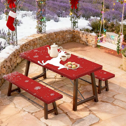 Christmas Picnic Pable Cover with Table Cover, Elastic Tablecloth for Outdoor Picnic Table, Red Reindeer and Snowflake Design, Tablecloth for Camping, Barbecue and Holiday Parties