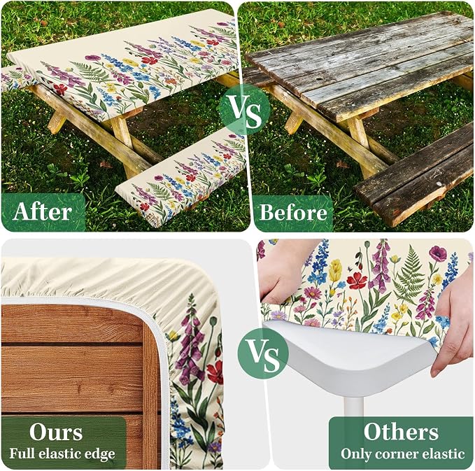 Picnic Table Cover with Bench Covers, Cottagecore Camper, 72 Inch | 3PCS Waterproof Fitted Tablecloth Elastic Edges Outdoor Camping Essentials with Drawstring Bag