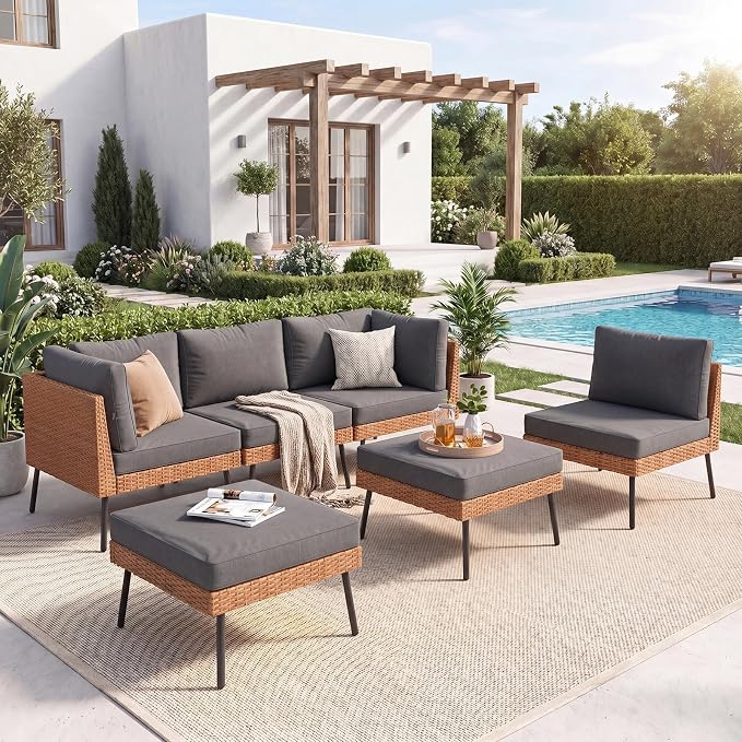 Aoxun 6-Piece Patio Furniture Set, Wicker Outdoor Furniture with Water Resistant Thick Cushions, Patio Conversation Set Outdoor Sectional Sofa with Coffee Table for Backyard Poolside, Black