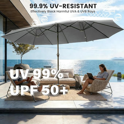 Ayge 15FT Patio Umbrella with Base,Large Outdoor Double-Sided Rectangle Umbrella with Crank Handle, Market Umbrella for Poolside Garden Deck Backyard Beach Pools,Light Gray