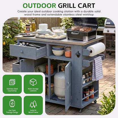 Outdoor Kitchen Island with Stainless Steel Top, Extendable Solid Wood Grill Cart on Wheels, Mobile BBQ Prep Table with Storage Cabinet and Spice Rack for Patio Backyard,