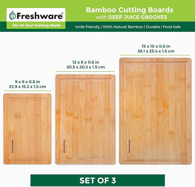 Freshware Wood Cutting Boards for Kitchen - Bamboo Cutting Board Set of 3, Cutting Boards with Juice Grooves, Serving Board Set, Chopping Board for Meat, Veggie, Easy Grip Handle (9x6", 12x8", 15x10")