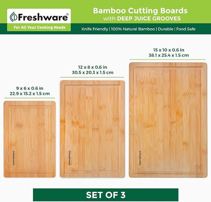 Freshware Wood Cutting Boards for Kitchen - Bamboo Cutting Board Set of 3, Cutting Boards with Juice Grooves, Serving Board Set, Chopping Board for Meat, Veggie, Easy Grip Handle (9x6", 12x8", 15x10")