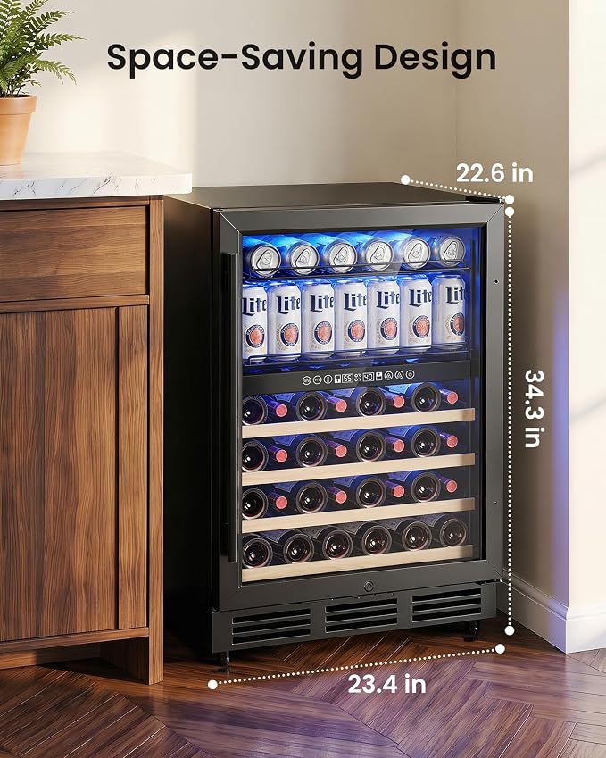 24 Inch Dual Zone Wine Fridge and Beverage Refrigerator, 63 Cans & 30 Bottles, Built-in Freestanding Under Counter Wine Cooler, UV Glass Door, Quiet Cooling, Lock, for Home Bar Office, Black