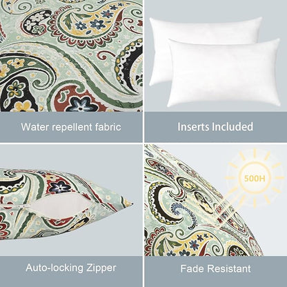 LVTLVTXIII 12×20 Inch Outdoor Lumbar Pillows, Pack of 2 Water Repellent Lumbar Pillow with Inserts, Fluffy Decorative Garden Lumbar Cushions for Home Patio Coach Sofa Use, Paisley Lightcyan