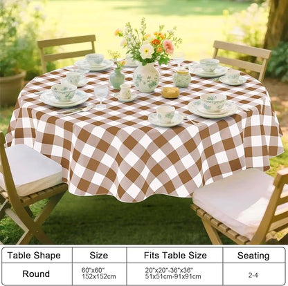 Smiry Picnic Table Cloth, Vinyl Tablecloths with Flannel Backing, 60" Round | Waterproof Picnic Table Cloth, Wipeable Buffalo Plaid Table Cover for Indoor and Outdoor (Brown & White)