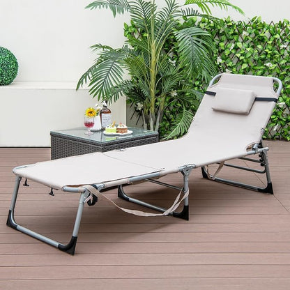 GYMAX Tanning Chair, 330LBS Beach Lounge with Face Arm Hole & Hand Shoulder Strap, Folding Layout Sunbathing Chair, Face Down Outdoor Chaise Lounger for Patio, Poolside, Lawn, Backyard (1, Sand)