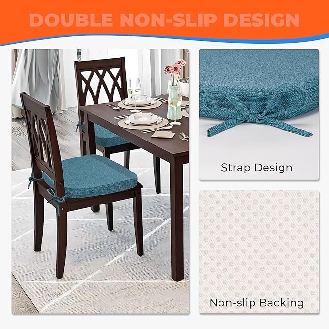 Sunsleek Chair Cushions for Dining Chairs, D-Shaped Seat Cushions with Removable Washable Cover and Ties, Chair Pads for Kitchen, Indoor Dining Room, Patio Chairs, 17'' x 16'', Set of 2, Blue