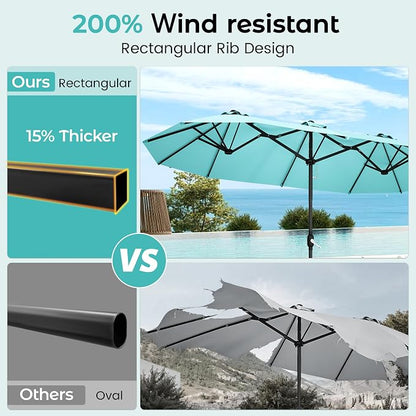 DomeShade 15ft Outdoor Umbrellas for Patio with Base,Outdoor Double-Sided Rectangle Market Umbrella with Crank Handle&Stand,Awnings for Outside Umbrellas for Poolside Lawn Backyard Garden,Turquoise