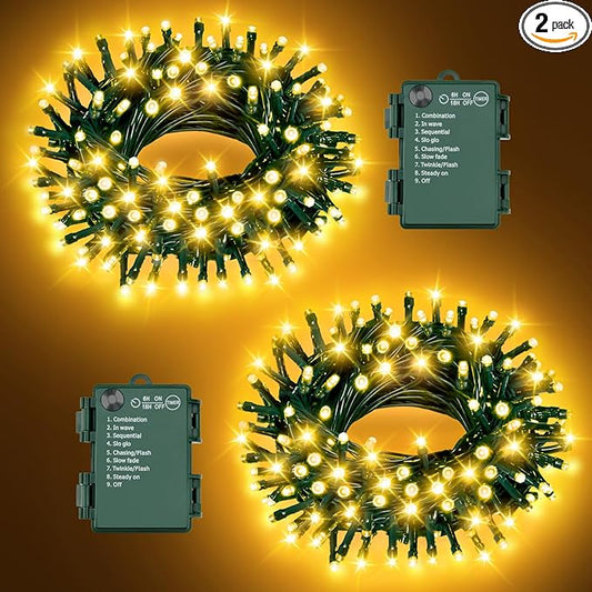 Christmas Lights Outdoor Battery Operated String Lights Total 100LED 33Ft with Timer 8 Modes 16.4Ft*2 Waterproof Outdoor Indoor for Christmas Decor, Warm White, 2-Pack