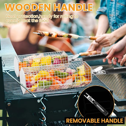 2 Pack Rolling Grill Basket, Hexagonal BBQ Grill Baskets with Removable Wooden Handle, 304 Stainless Steel, Nesting Grilling Net, BBQ Accessories Tools for Vegetables, Meat & Seafood, Gift for Dad or Husband