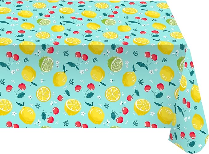 Wild Lemons and Cherries Vinyl Tablecloth – 60 x 102 Inch Rectangle Waterproof Table Cover with Flannel Backing, Wipeable Indoor/Outdoor Summer Fruit Print for Picnics, BBQs, and Holiday Dining