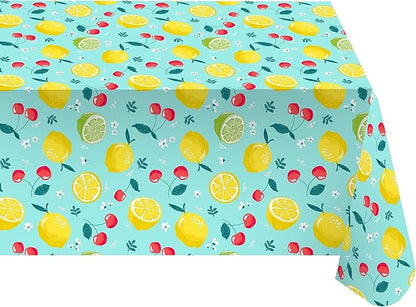 Wild Lemons and Cherries Vinyl Tablecloth – 60 x 102 Inch Rectangle Waterproof Table Cover with Flannel Backing, Wipeable Indoor/Outdoor Summer Fruit Print for Picnics, BBQs, and Holiday Dining
