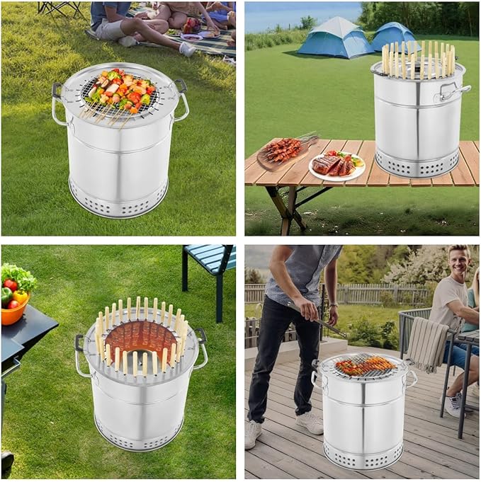 Portable Smokeless Charcoal Grills, Stainless Steel Charcoal BBQ Grill Barrel, 360° Cylinder Outdoor Barbecue Grill with Skewers for Camping Picnic Travel Backyard Patio Gathering