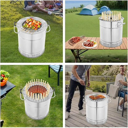 Portable Smokeless Charcoal Grills, Stainless Steel Charcoal BBQ Grill Barrel, 360° Cylinder Outdoor Barbecue Grill with Skewers for Camping Picnic Travel Backyard Patio Gathering