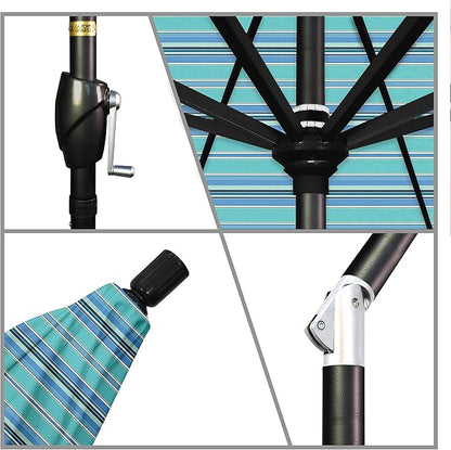 California Umbrella 9' Round Aluminum Market Umbrella, Crank Lift, Push Button Tilt, Black Pole, Sunbrella Dolce Oasis