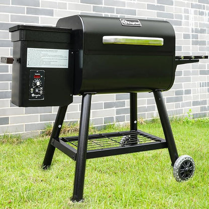 KingChii Electric Wood Pellet Grill & Smoker with Side Shelf, 456 SQ.IN Grill Capacity, 18LB Hopper, with PID Temperature Control (180-425°F) for Backyard Camping Bake and Roast, Black with Cover