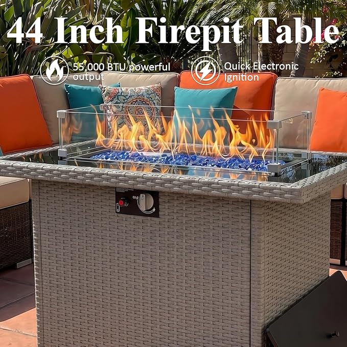 Propane Fire Pit Table, 44" Outdoor Gas Fire Pit with Glass Wind Guard & Waterproof Cover