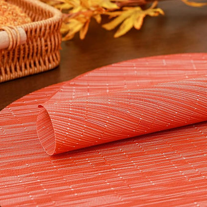 15 Inch Round Placemats Set of 4, Washable Vinyl Woven Place Mats | Heat Resistant Non-Slip Braided Table Mats for Dining Table Kitchen Indoor & Outdoor Use (Orange, Set of 4)