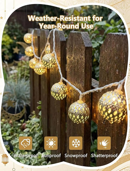 8.5Ft Moroccan Decorative String Lights, 10 LED Warm White Boho Globe Decor | End-to-end Connectable, IP44 Waterproof, Hollow Lantern Decorative String Lights for Bedroom Ramadan Diwali Bohemian Weddings