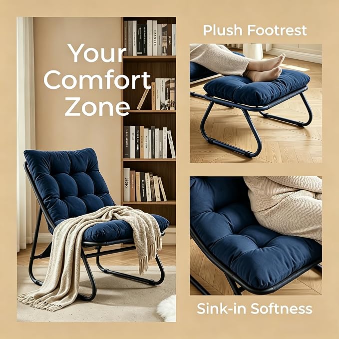 Rocking Chair with Ottoman, Modern Metal Frame Outdoor Rocker, Comfy Patio Lounge Chair with Footrest, Reading Glider Chairs for Living Room, Bedroom, Balcony, Garden, Relax, Navy Blue