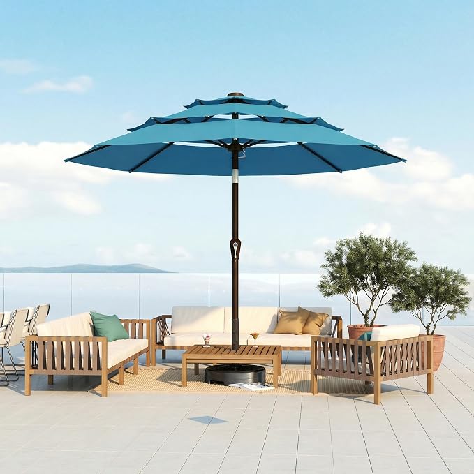 10FT Patio Umbrella 3 Tiers Outdoor Market Umbrella w/Push Button Tilt, Crank, UV and Waterproof Table Umbrella for Garden, Pool, Backyard, Deck, Lawn, Sky Blue