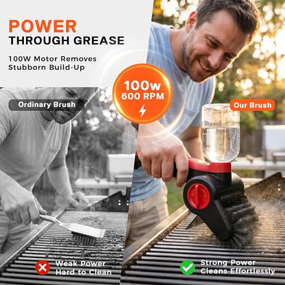 Electric Grill Brush with Water Spray System, Cordless BBQ Grill Cleaner, Rechargeable Power Scrubber for Gas, Charcoal & Pellet Grills, IPX8 Waterproof Grill Cleaning Brush with Scraper & Case