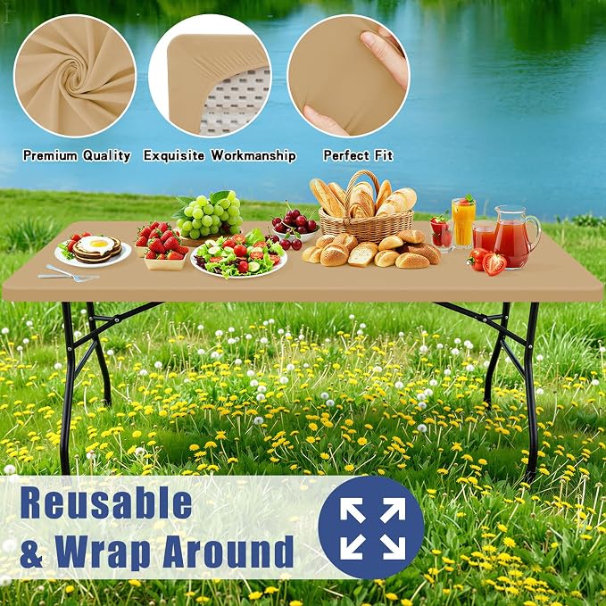 Moosfor 2 Pack Rectangle Spandex Fitted Table Cloth, 8FT Elastic Tablecloth | Washable Picnic Table Cover, Stretch Waterproof Table cloths for Party, Patio, Dining, Kitchen, 30" x 96", Dark Khaki