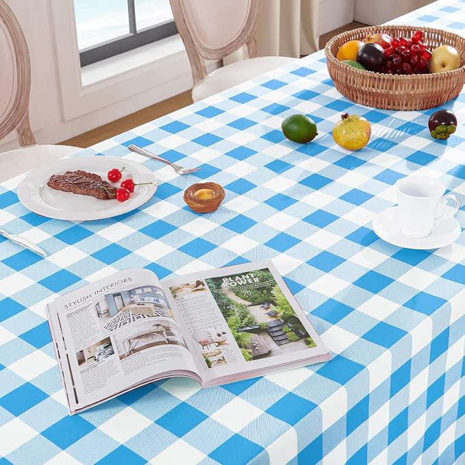 Softalker Gingham Checkered Tablecloth Rectangle - Outdoor Waterproof Buffalo Plaid Table Cloth, Stain Resistant Washable Table Cover for Picnic, Camping, Dining - Blue and White, 60 x 84 Inch