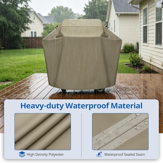 SunPatio Grill Cover 48 Inch for Outdoor Grill, Heavy Duty BBQ Cover with Waterproof Sealed Seam, FadeStop Material, All Weather Resistant Compatible for Weber CharBroil Nexgrill and More, Taupe