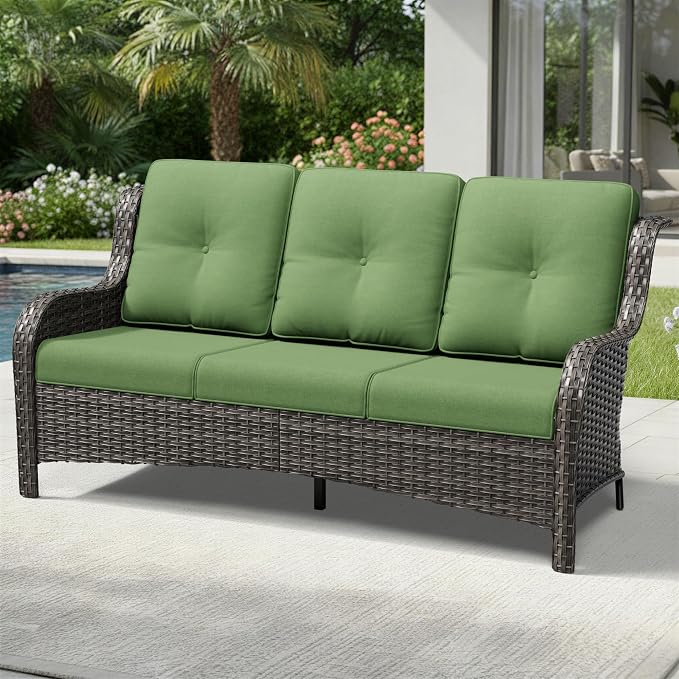 Joyside Outdoor Patio Couch, 3 Seater Outdoor Wicker Sofa with High Back, Deep Seating, Wide Armrest, Thickened Cushions, Patio Sofa for Deck, Porch Use