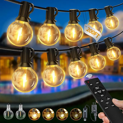 Ollny Outdoor String Lights with Remote, 200FT Plug in Patio Lights with Timer & 72 Shatterproof G40 Edison Bulbs, Waterproof Dimmable Outdoor Hanging Light for Porch, Backyard, Garden, 24V 2700K