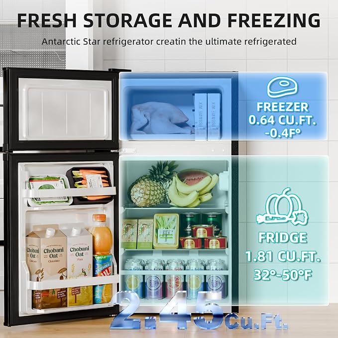 Antarctic Star Compact Mini Fridge with Freezer,Double Door with Adjustable Thermostat,Small Fridge Removable Shelves for Dorm/Office,2.5 Cu.Ft,Black