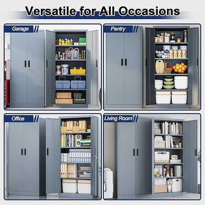 BESFUR Metal Garage Storage Cabinet with Locking Doors and 4 Adjustable Shelves, Gray Tall Storage Cabinets, Tool File Lockable Cabinet for Garage Office Warehouse Shop(71”H)