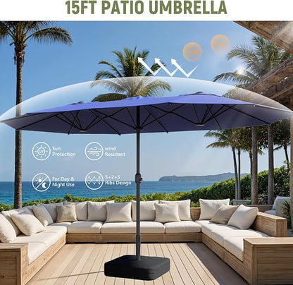 15FT Double-Sided Patio Umbrella, Outdoor Market Umbrella with Base