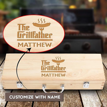 Custom Engraved BBQ Grill Set for Dad, 11 Pcs Grill Tool Set, Personalized Father’s Day BBQ Gift for Dad, Best Dad Barbecue Accessories, Stainless Steel Grill Tools with Wooden Case, BBQ Gifts for Men