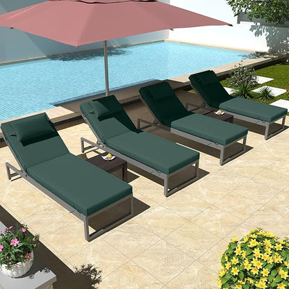 Chaise Lounge Cushions Outdoor Set of 2 Lounge Chair Cushion 72" L x 21" W with Headrest Straps 3'' Thick Waterproof Patio Chaise Cushions Pool Lounger Chair Cushion(Dark Green)
