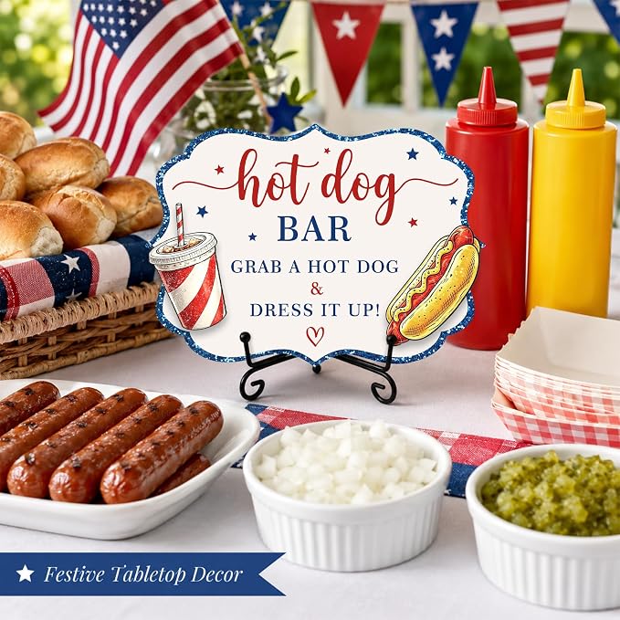 Patriotic Wooden Hot Dog Sign with Metal Stand, 5 x 7 Inch Independence Day Tabletop Food Display for BBQ Party, Buffet Table, Food Truck, Hot Dog Shop, Celebration Decor - A02