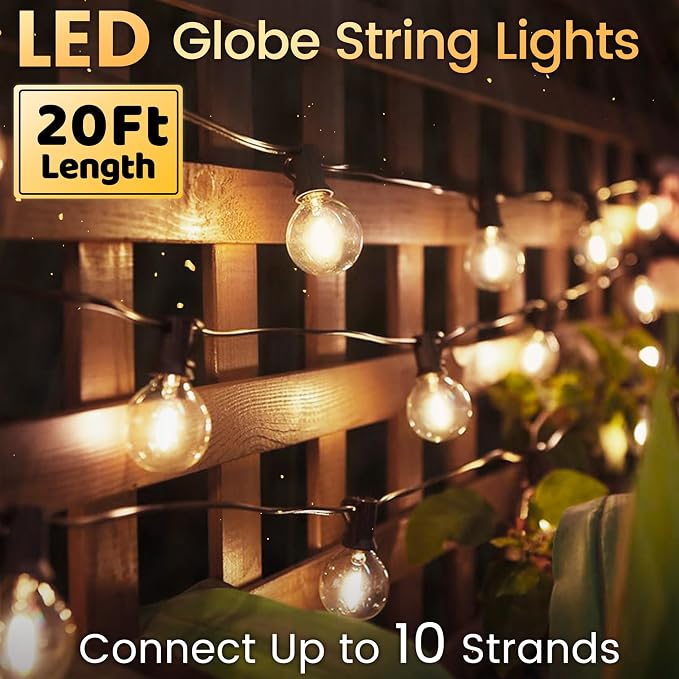 Outdoor String Lights 20FT - LED Waterproof Patio Lights G40 Globe Bulbs Shatterproof, Connectable Hanging Outdoor Lights for Outside Indoor Garden Backyard Deck Porch Party Decor
