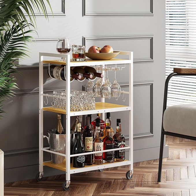 TUTOTAK Bar Cart with Wheels, Drink Cart with Wine Rack and Glass Holder | 3-Tier 23.7 Inch Wide Home Bar Serving Carts, Small Mobile Kitchen Shelf with 6 Hooks BC01BOW030