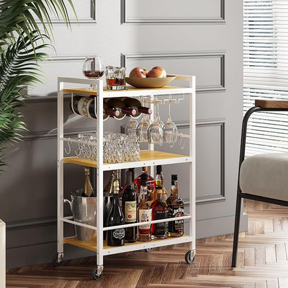 TUTOTAK Bar Cart with Wheels, Drink Cart with Wine Rack and Glass Holder | 3-Tier 23.7 Inch Wide Home Bar Serving Carts, Small Mobile Kitchen Shelf with 6 Hooks BC01BOW030