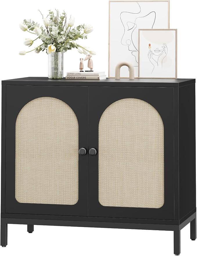 GarveeHome Rattan Sideboard Buffet Cabinet, Kitchen Storage Cabinet, Black | Rattan Doors and Adjustable Shelves, Boho Accent Liquor Coffee Buffet for Living Dining Room Hallway
