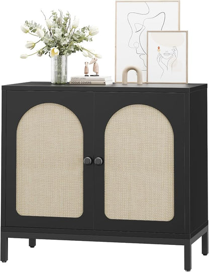 GarveeHome Rattan Sideboard Buffet Cabinet, Kitchen Storage Cabinet, Black | Rattan Doors and Adjustable Shelves, Boho Accent Liquor Coffee Buffet for Living Dining Room Hallway