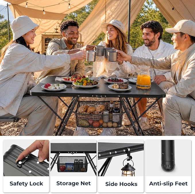 Overmont Folding Aluminum Camping Table - 47.2'' x 23.6'' with Carry Handle | 2 Height up to 27.5" with Storage Net, Lightweight Waterproof Portable for Outdoor Travel Backyard BBQ Picnic Patio Tailgate